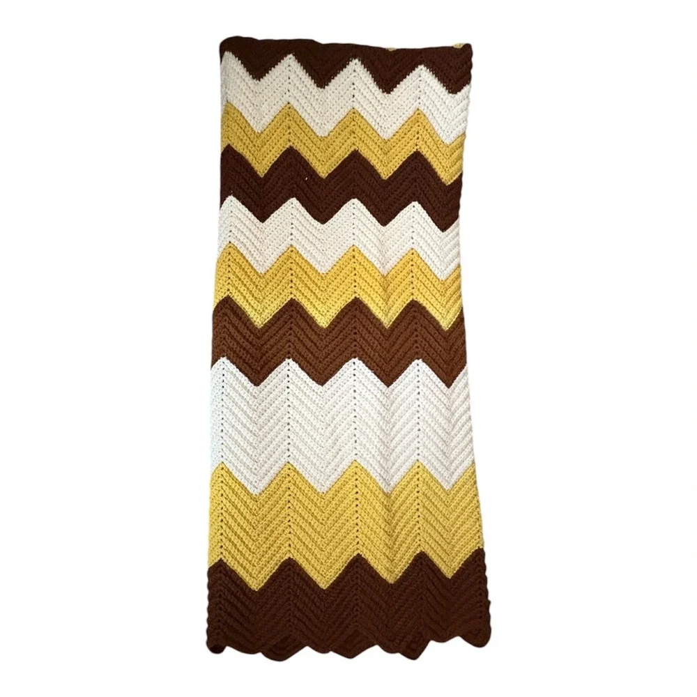 VTG Chevron Handmade Afghan Crocheted Yellow Brown White Blanket 68x44